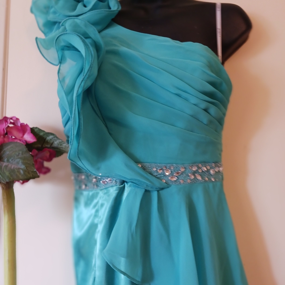 B.DARLIN evening short dress original 90's chiffon and Satin aqua blue sz. S-M - Picture 3 of 10